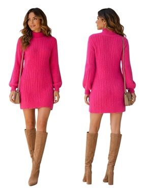 Flat White Fuzzy Ribbed Knit Sweater Dress | Barbiecore Mock Neck Pink Mini